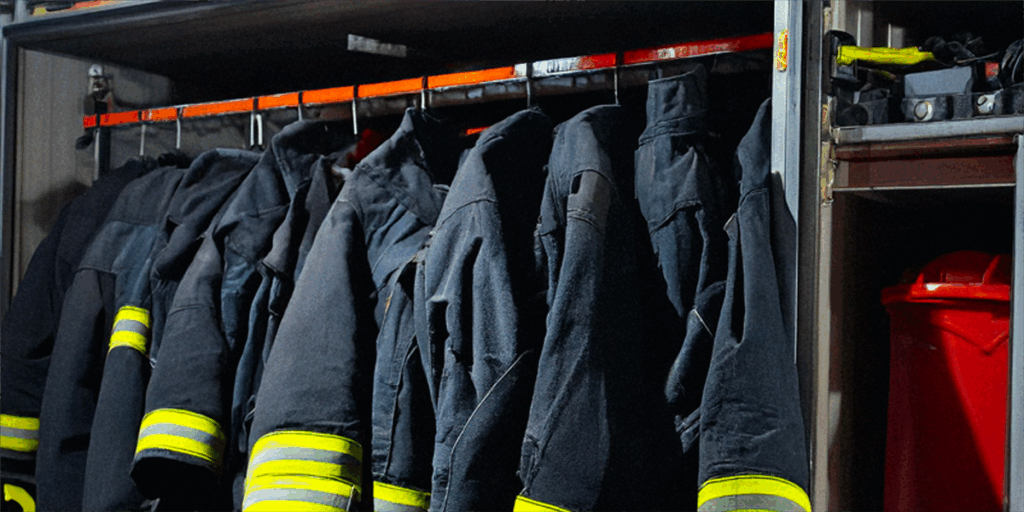 Firefighter turnout gear hanging in a locker